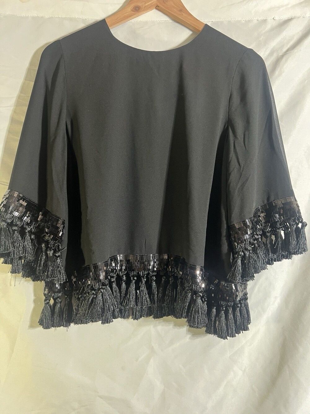 Mestiza Shimmy Shimmy Top Black Tassel Fringe Boxy Glam Cropped Luxe Party S